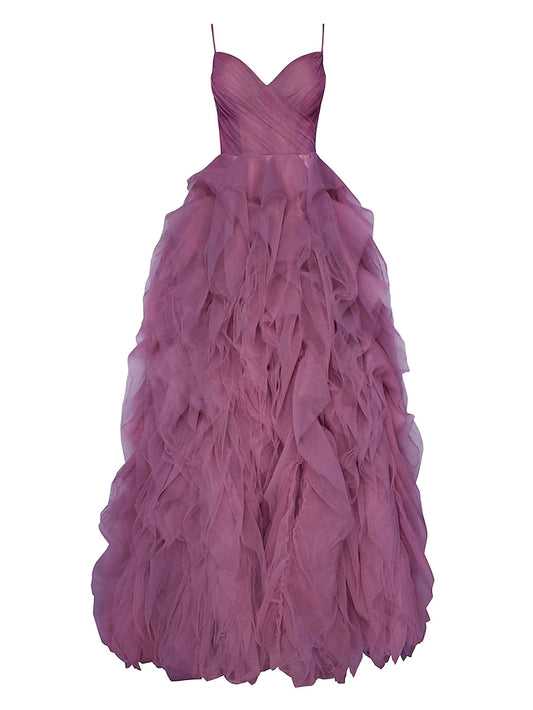Elegant V-neck ball gown with ruffled tulle, front view.
