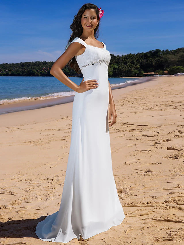 Back view of the casual wedding dress, highlighting the sweep train and draping.