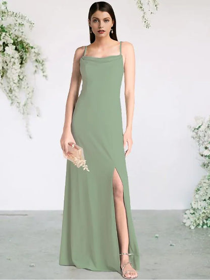 Woman wearing a floor-length chiffon bridesmaid dress with spaghetti straps and a split front.