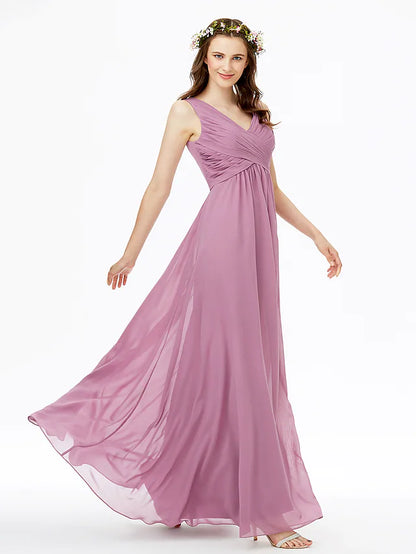 Back view of the sleeveless chiffon bridesmaid dress showing the open back design.