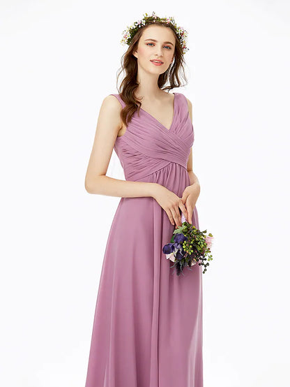 Full back view of the elegant floor-length bridesmaid dress with an open back.