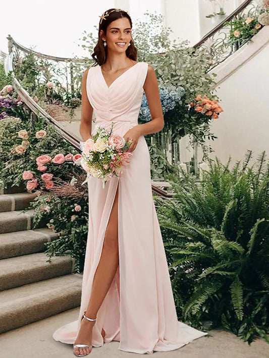Elegant V-neck chiffon bridesmaid dress with a split front and ruching.