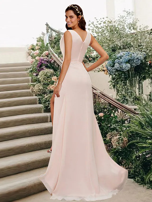 Back view of a floor-length V-neck chiffon bridesmaid dress.