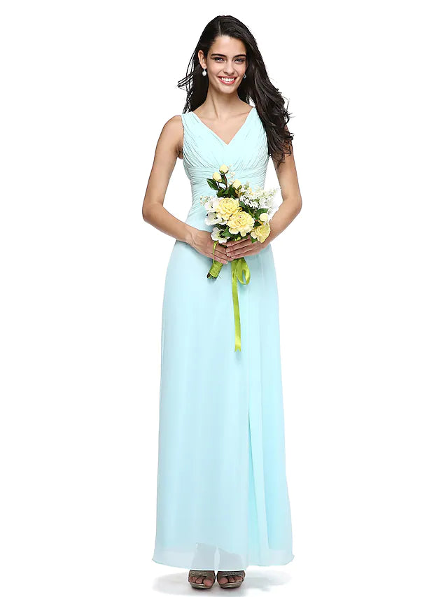 Bridesmaid dress with V-neck, sleeveless design, and side draping.
