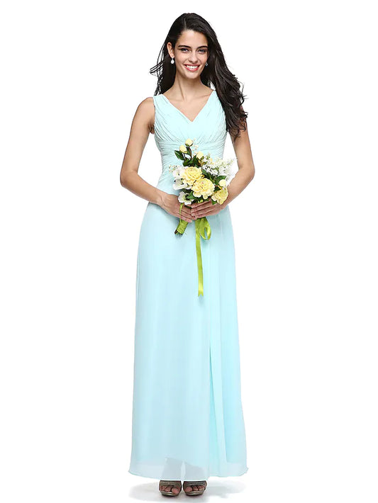 Bridesmaid dress with V-neck, sleeveless design, and side draping.