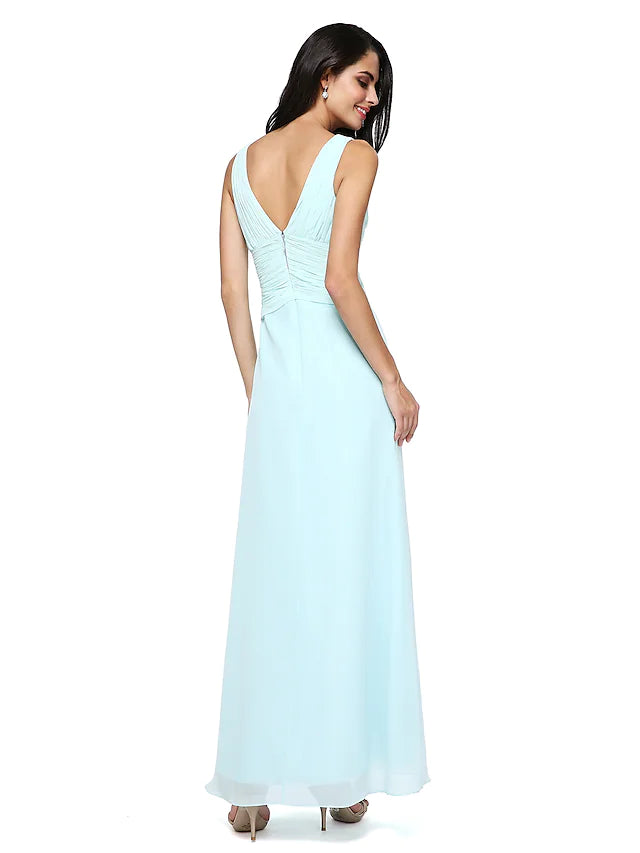 Back view of a floor-length chiffon bridesmaid dress.