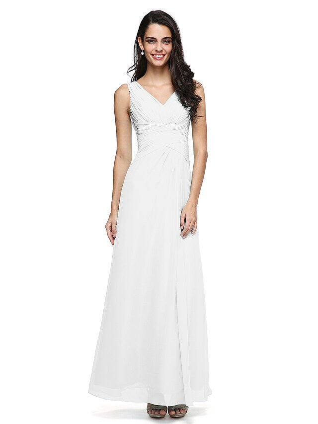 Elegant V-neck bridesmaid gown in chiffon with draped details.