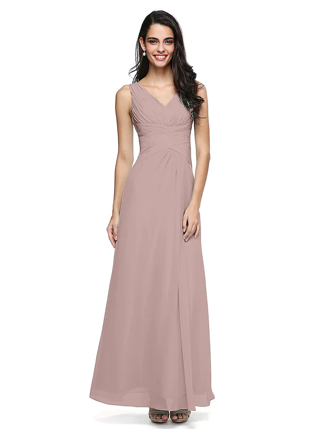 Side profile of a sleeveless bridesmaid dress with criss-cross draping.