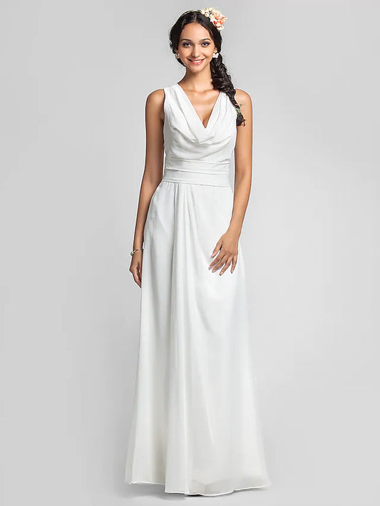 Model wearing an elegant cowl neck, floor-length chiffon bridesmaid dress with ruched side draping.