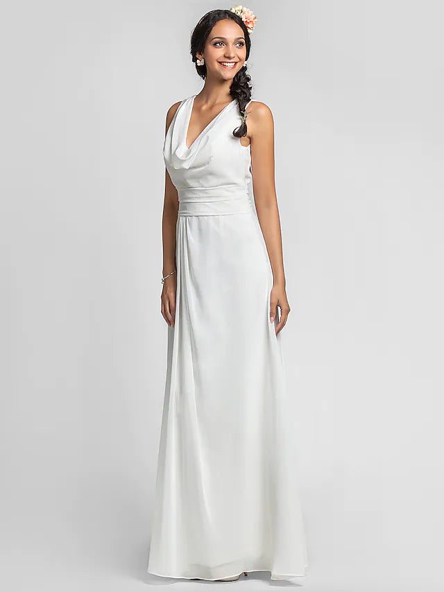 Back view of a model in a cowl neck chiffon bridesmaid dress, highlighting the flowy fabric and side draping.