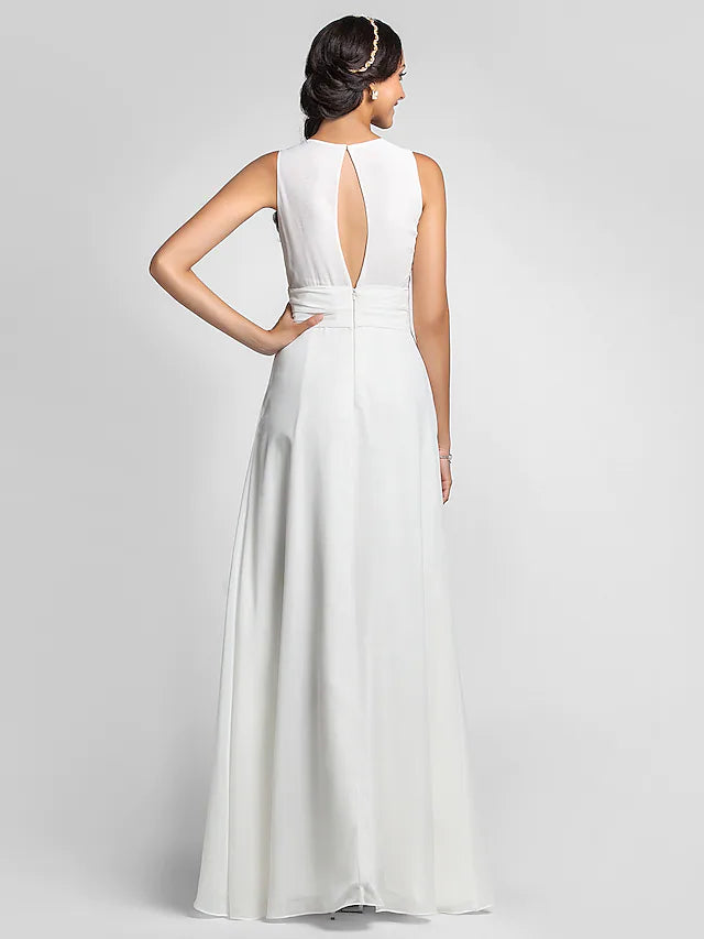 Full view of a model showcasing the elegant floor-length cowl neck bridesmaid dress.