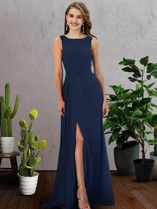 Elegant jewel neck sleeveless chiffon bridesmaid dress.
