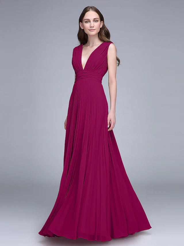 Woman in an elegant V-neck floor-length chiffon bridesmaid dress, highlighting ruched details.