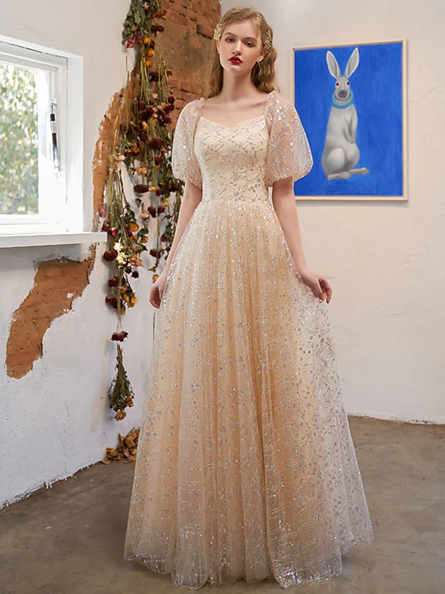 Elegant A-Line glittering prom dress, front view.