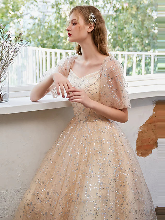 Floor-length A-Line prom dress with sequin tulle, back view.