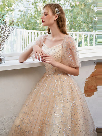Floor-length A-Line prom dress with sequin tulle, back view.