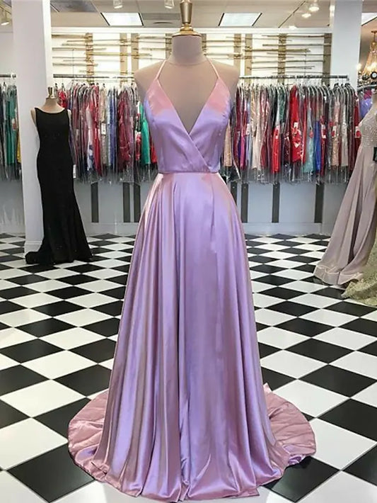 Elegant halter charmeuse prom gown.
