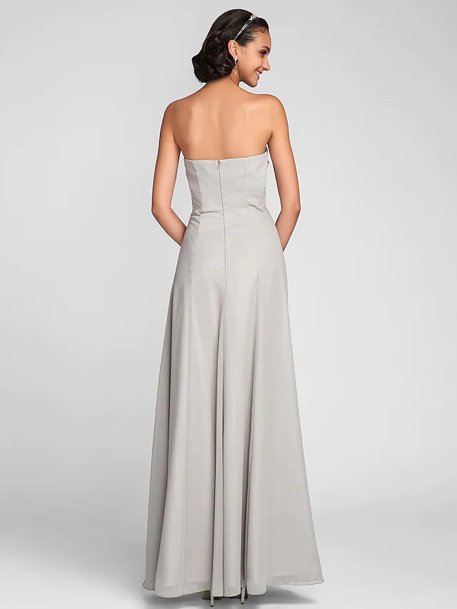 Front view of a multi-color chiffon bridesmaid dress with ruched bodice.