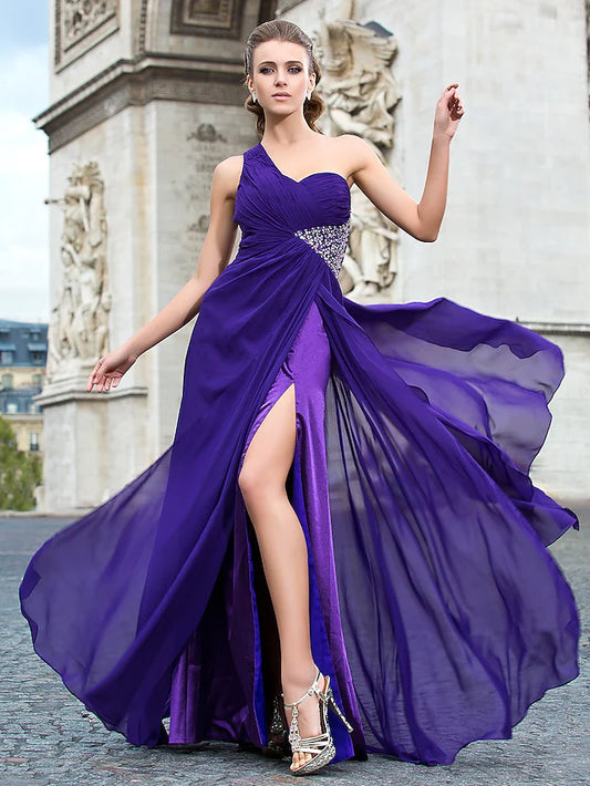 Side view of the one-shoulder formal dress with a split front.