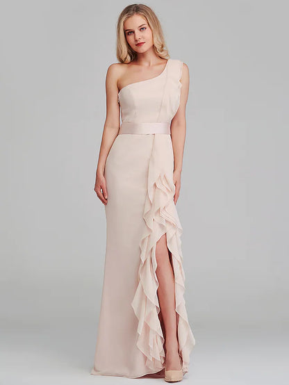 Model wearing an elegant one-shoulder long chiffon bridesmaid dress with cascading ruffles.