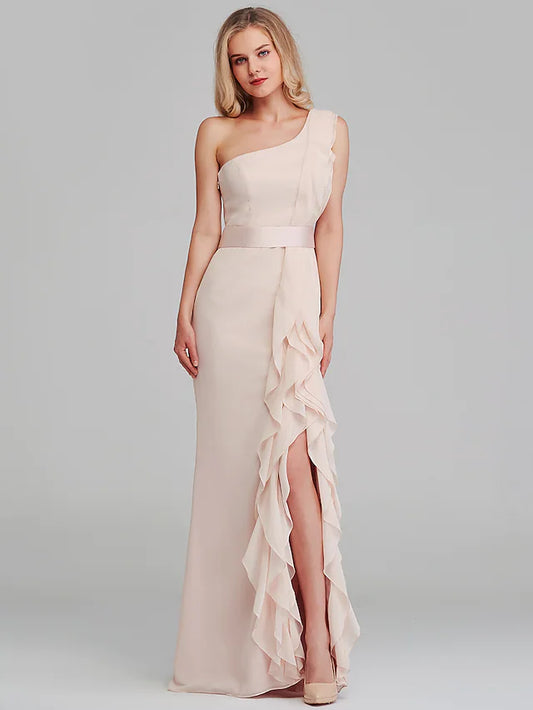 Model wearing an elegant one-shoulder long chiffon bridesmaid dress with cascading ruffles.