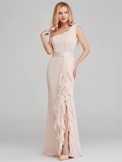 Side view of a model in a one-shoulder long chiffon bridesmaid dress.