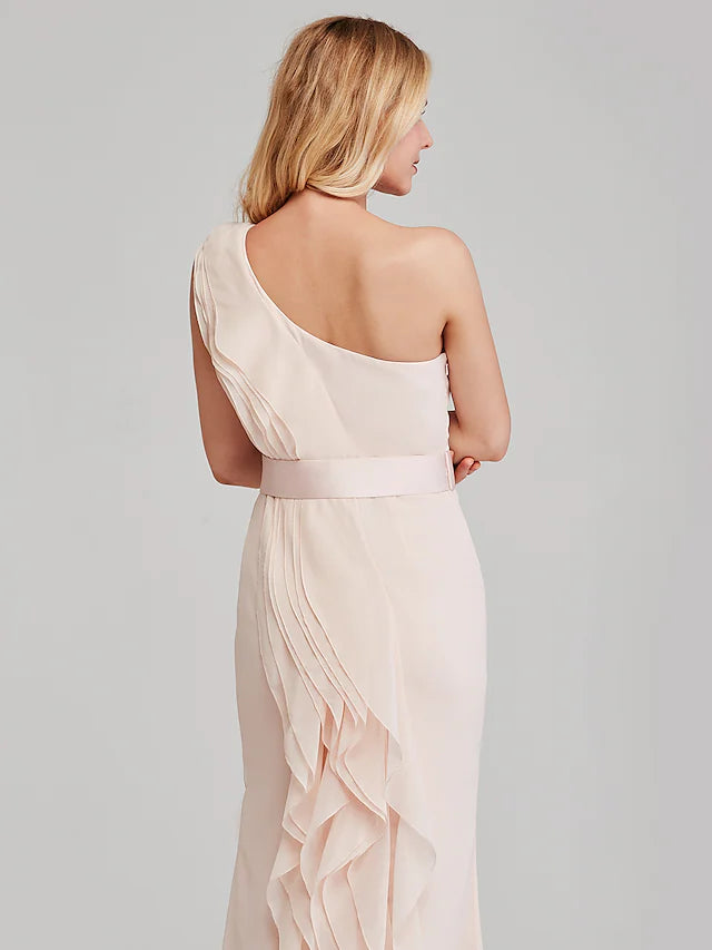 Close-up of the cascading ruffles on the chiffon bridesmaid dress.