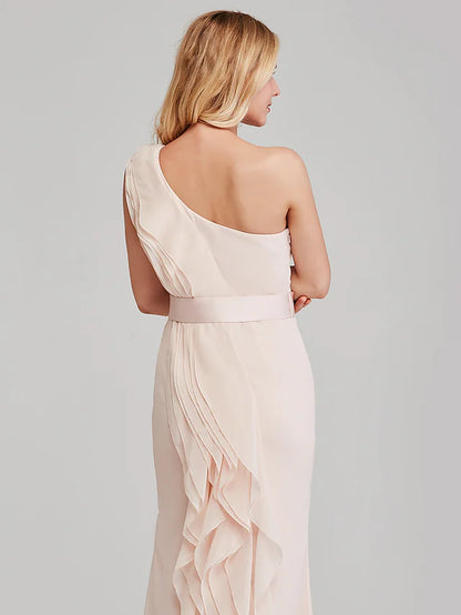 Close-up of the cascading ruffles on the chiffon bridesmaid dress.