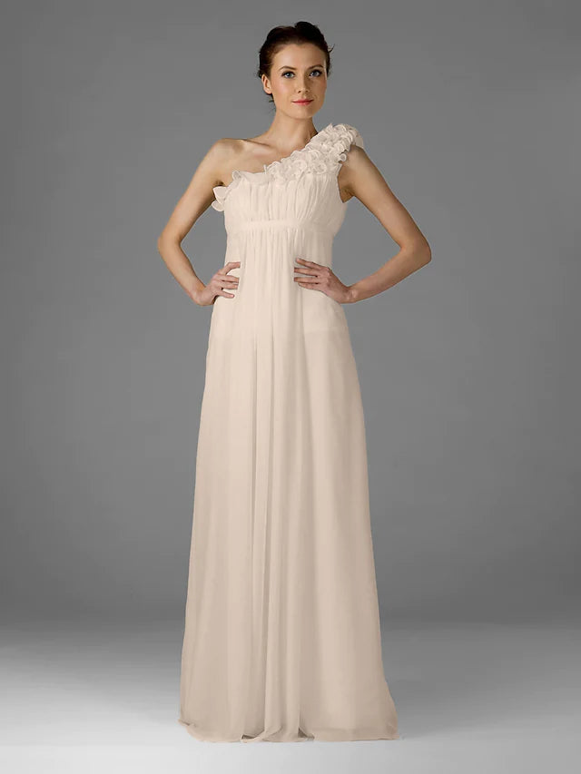 Woman in a one-shoulder floor-length chiffon bridesmaid dress, showing the full length and draping.