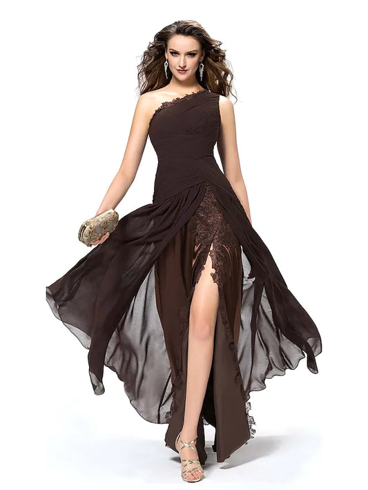 Back view of the one-shoulder formal dress with backless detail.