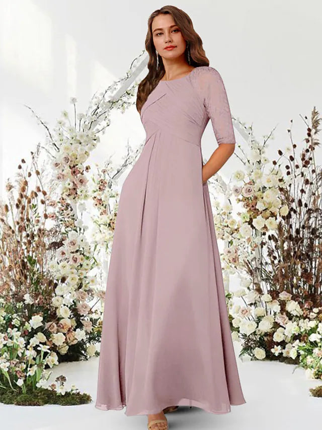 Back view of a pleated chiffon evening gown, suitable for wedding guests.