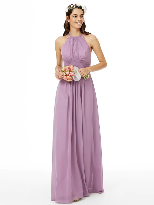 Elegant jewel neck sleeveless chiffon bridesmaid dress, full length.