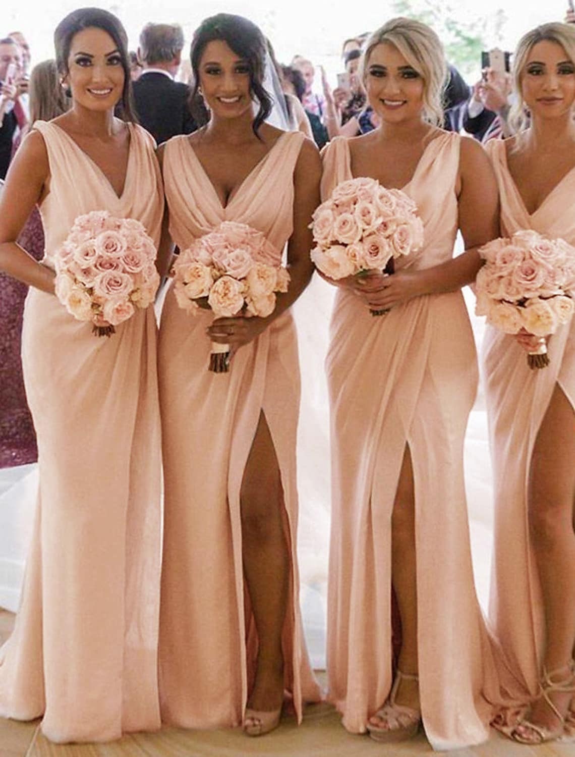 Elegant V-neck mermaid trumpet bridesmaid dress with pleats and split front.