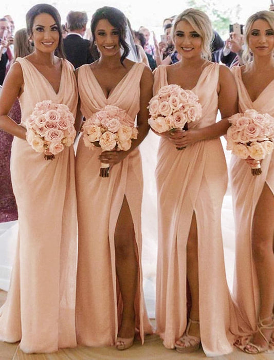 Elegant V-neck mermaid trumpet bridesmaid dress with pleats and split front.