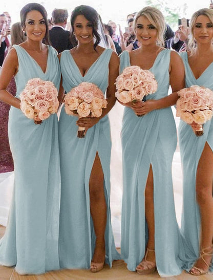 Back view of elegant mermaid trumpet bridesmaid dress with sweep train.