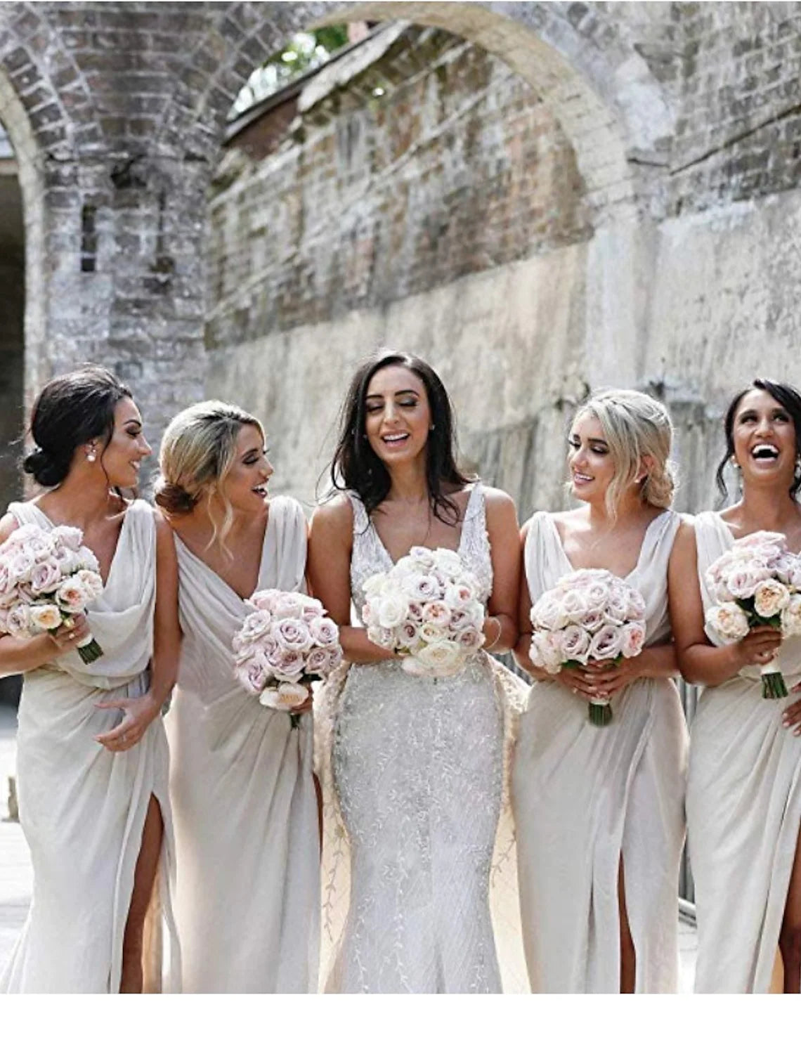 Side view of chiffon mermaid trumpet bridesmaid dress.