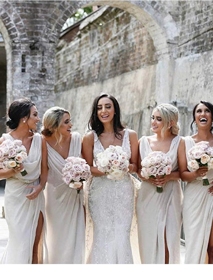 Side view of chiffon mermaid trumpet bridesmaid dress.