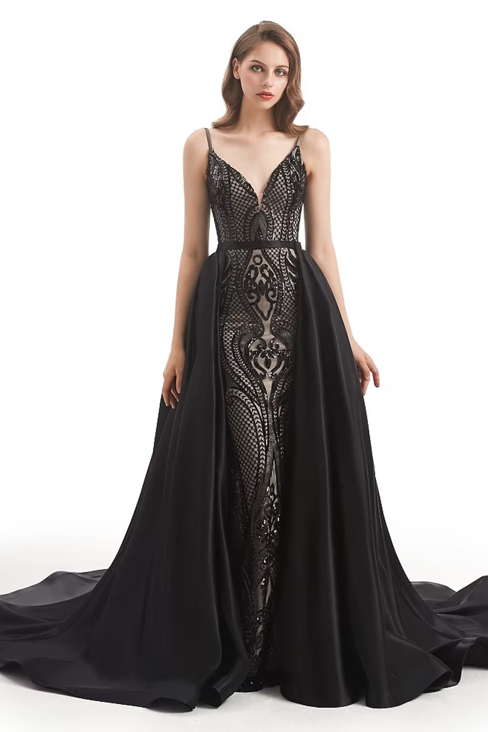 Evening Gown Elegant Dress Engagement Detachable Sleeveless V Neck Detachable Sequined with Sequin