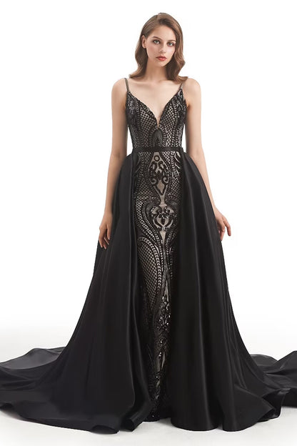 Evening Gown Elegant Dress Engagement Detachable Sleeveless V Neck Detachable Sequined with Sequin