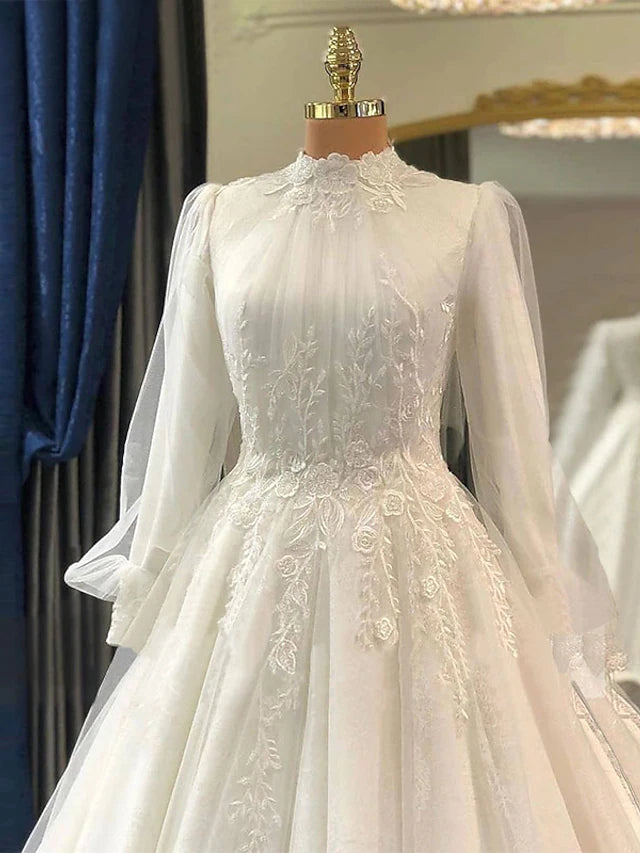 Wedding Dresses Chapel Train Princess Long Sleeve High Neck Lace With Pleats Appliques