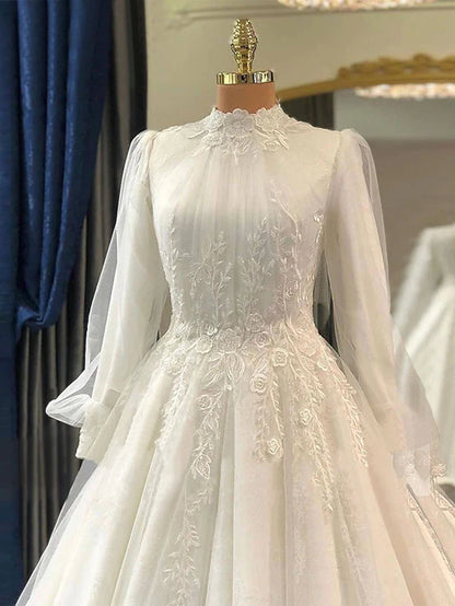 Wedding Dresses Chapel Train Princess Long Sleeve High Neck Lace With Pleats Appliques