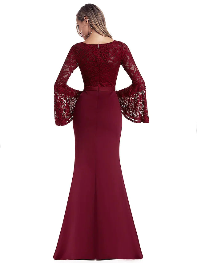 Evening Gown Minimalist Dress Wedding Guest Floor Length Long Sleeve Jewel Neck Chiffon with Appliques