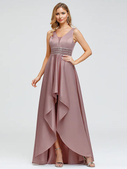 Elegant Wedding Guest Cocktail Party Dress V Neck V Back Sleeveless Asymmetrical Polyester with Crystals Beading