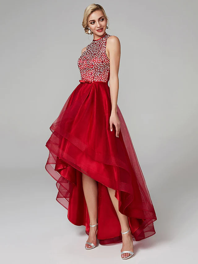 Sparkle & Shine Dress Wedding Guest Asymmetrical Sleeveless Jewel Neck Satin with Bow(s) Sequin