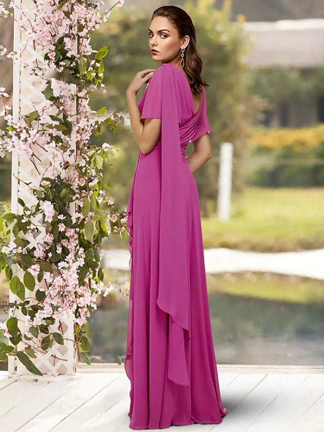 Mother of the Bride Dress Elegant V Neck Floor Length Chiffon Sleeveless with Pleats Crystal Brooch Side-Draped