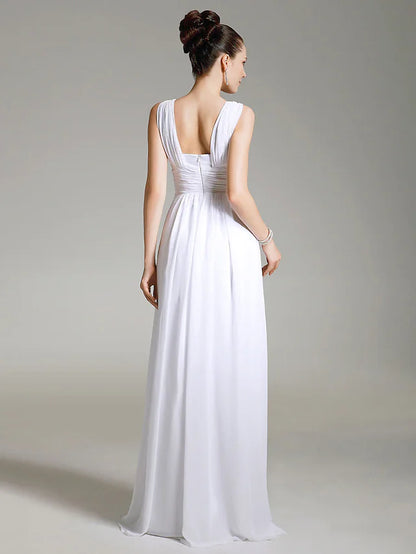 Formal Evening Ball Dress V Neck Sleeveless Floor Length Chiffon with Ruched Draping