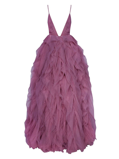 Ball Gown Beautiful Back Elegant Prom Formal Evening Dress V Neck Sleeveless Tulle with Ruffles