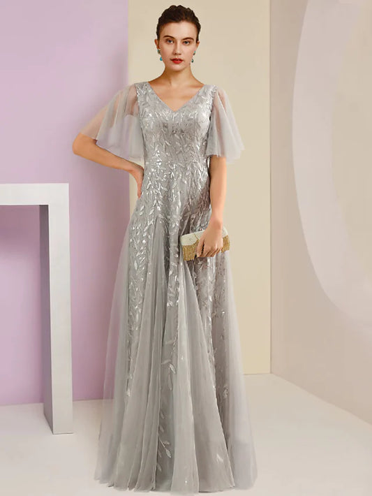 Mother of the Bride Dress Party Sparkle & Shine V Neck Floor Length Lace Tulle Short Sleeve with Pleats Sequin