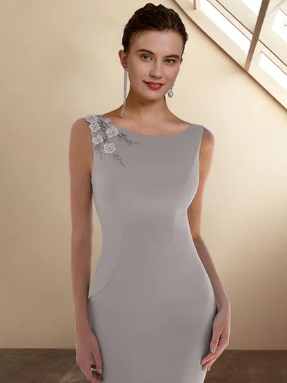 Mother of the Bride Dress Elegant Jewel Neck Stretch Chiffon Sleeveless Short Jacket Dresses with Appliques