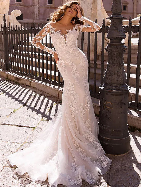 Engagement Formal Wedding Dresses Court Trumpet Long Sleeve V Neck Lace With Bridal Gowns